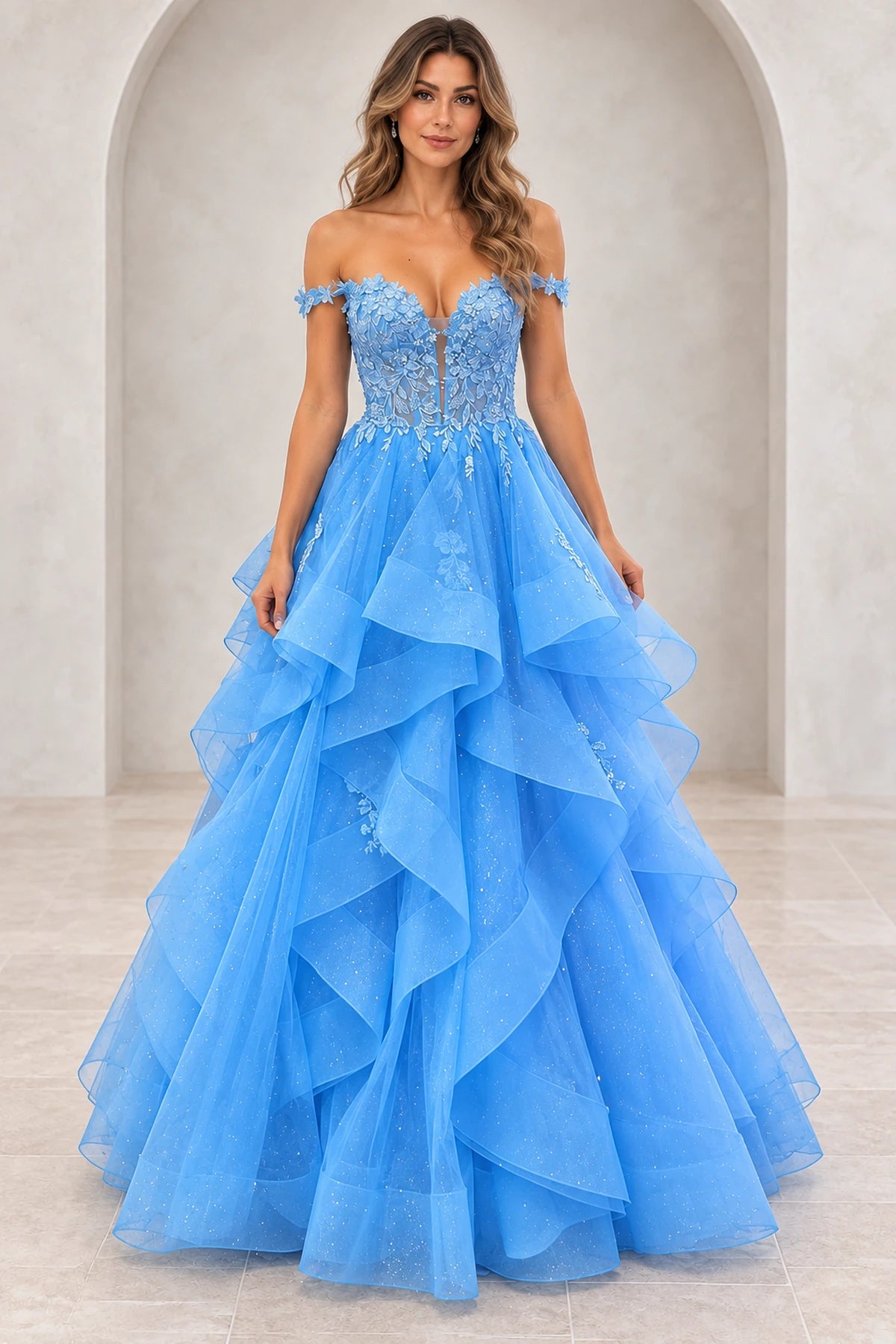 Romantic Glitter Tulle A-Line Sweetheart Off-Shoulder Cap-Sleeve Floor-Length Prom Dress