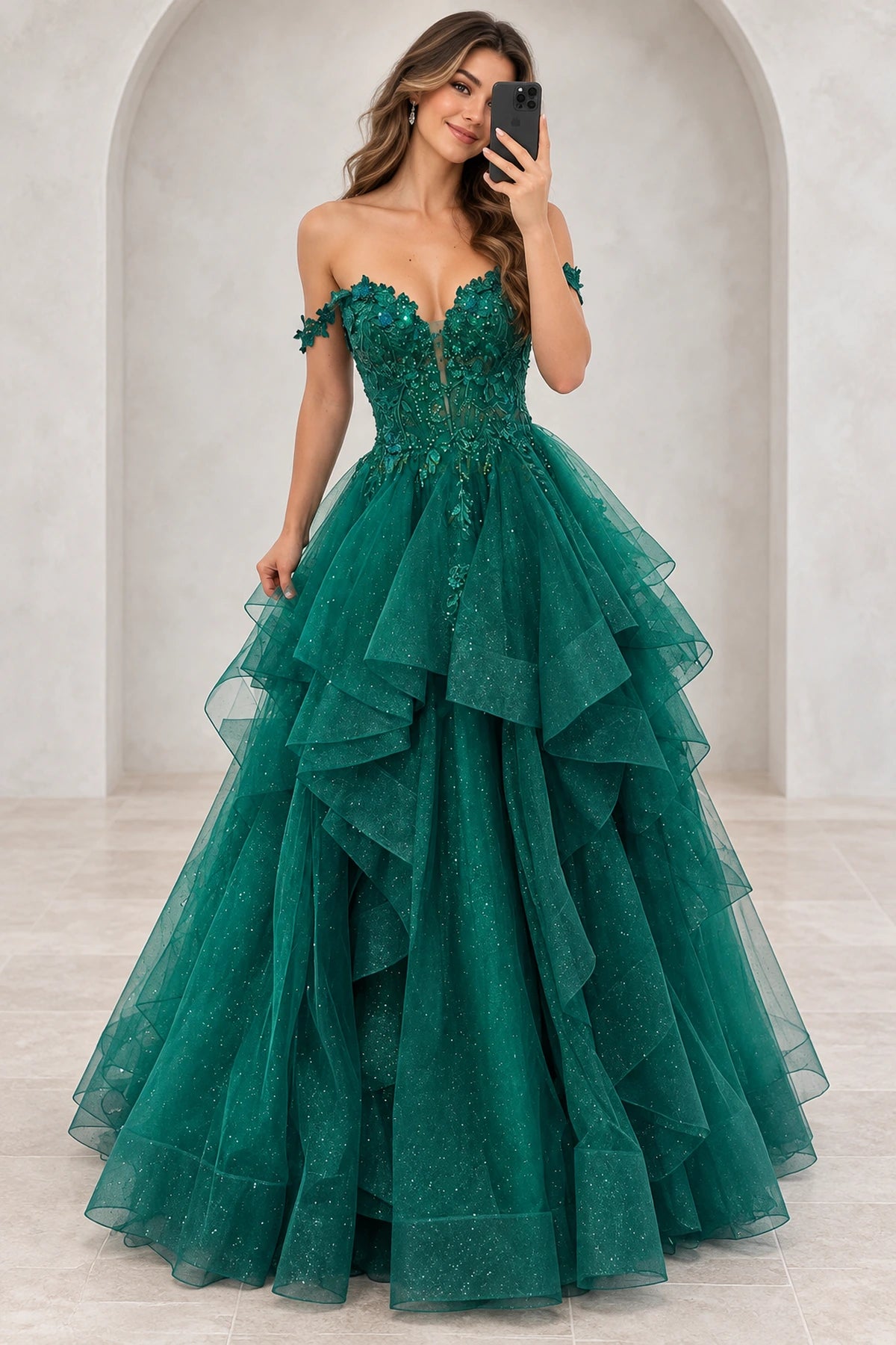 Romantic Glitter Tulle A-Line Sweetheart Off-Shoulder Cap-Sleeve Floor-Length Prom Dress