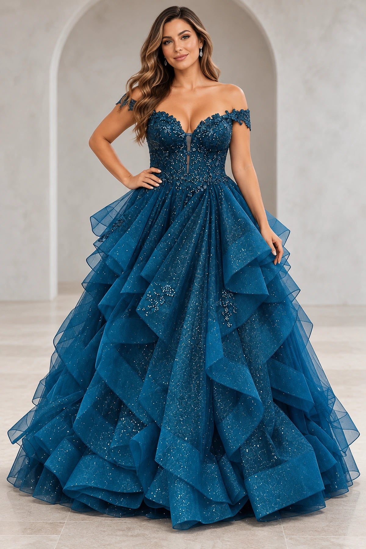 Romantic Glitter Tulle A-Line Sweetheart Off-Shoulder Cap-Sleeve Floor-Length Prom Dress