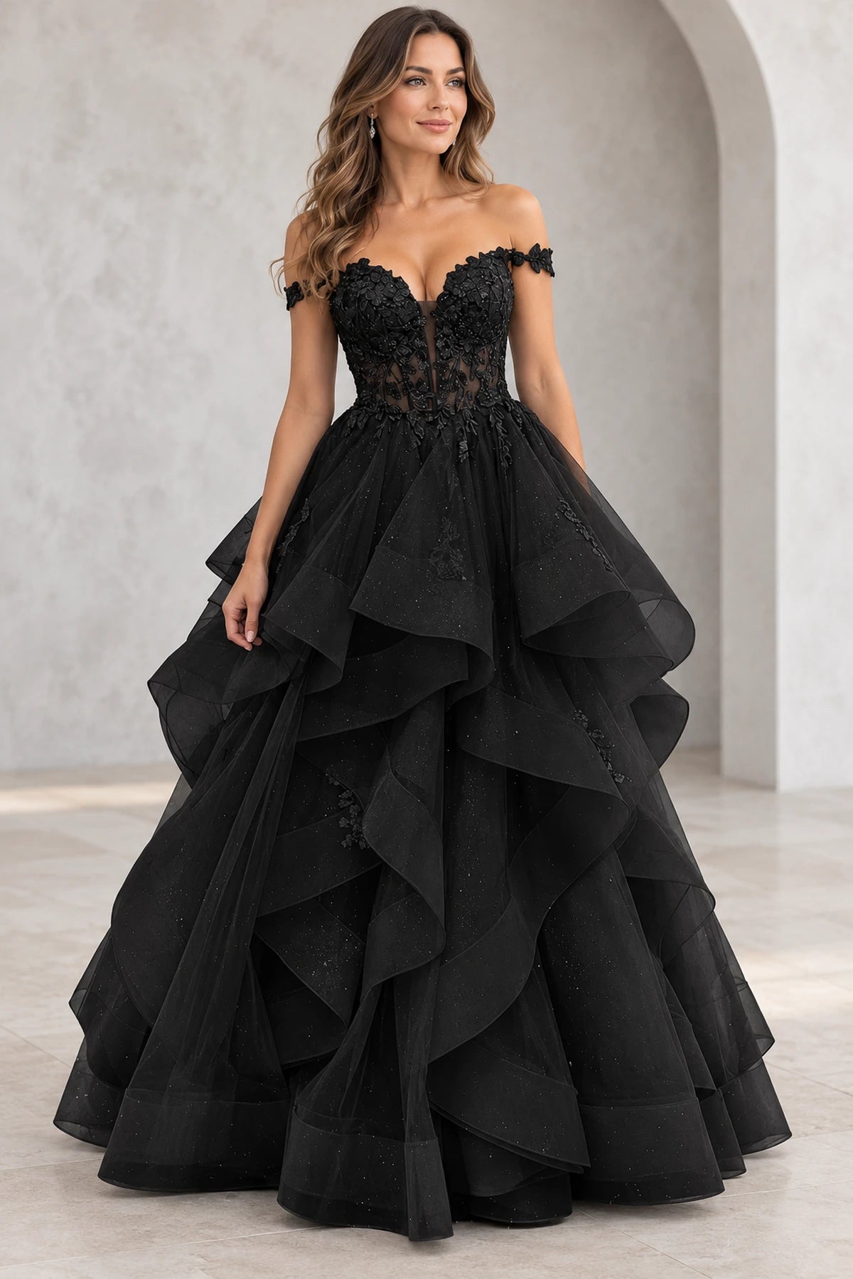 Romantic Glitter Tulle A-Line Sweetheart Off-Shoulder Cap-Sleeve Floor-Length Prom Dress