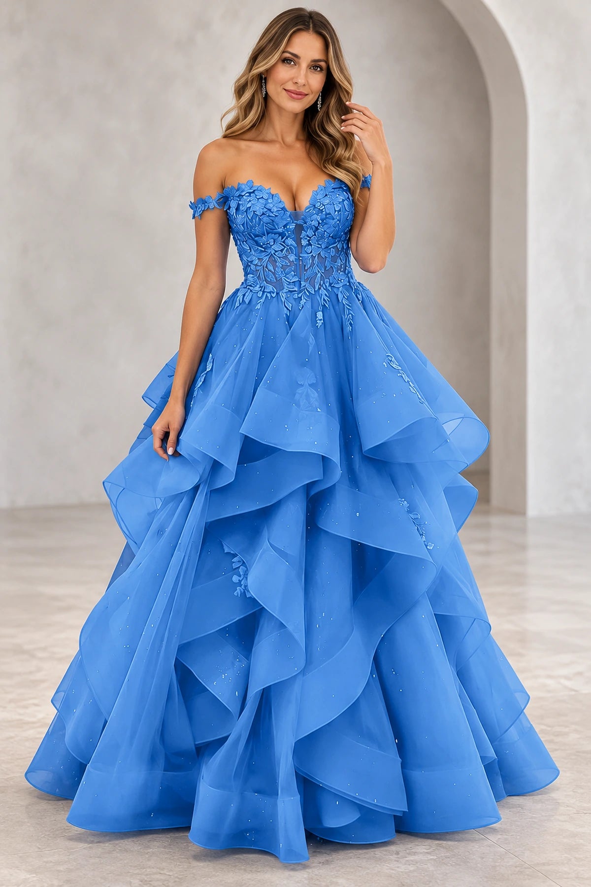 Romantic Glitter Tulle A-Line Sweetheart Off-Shoulder Cap-Sleeve Floor-Length Prom Dress