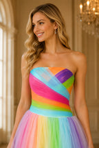 Rainbow Tulle Strapless Sweetheart Neck Long Ball Gown Prom Dress