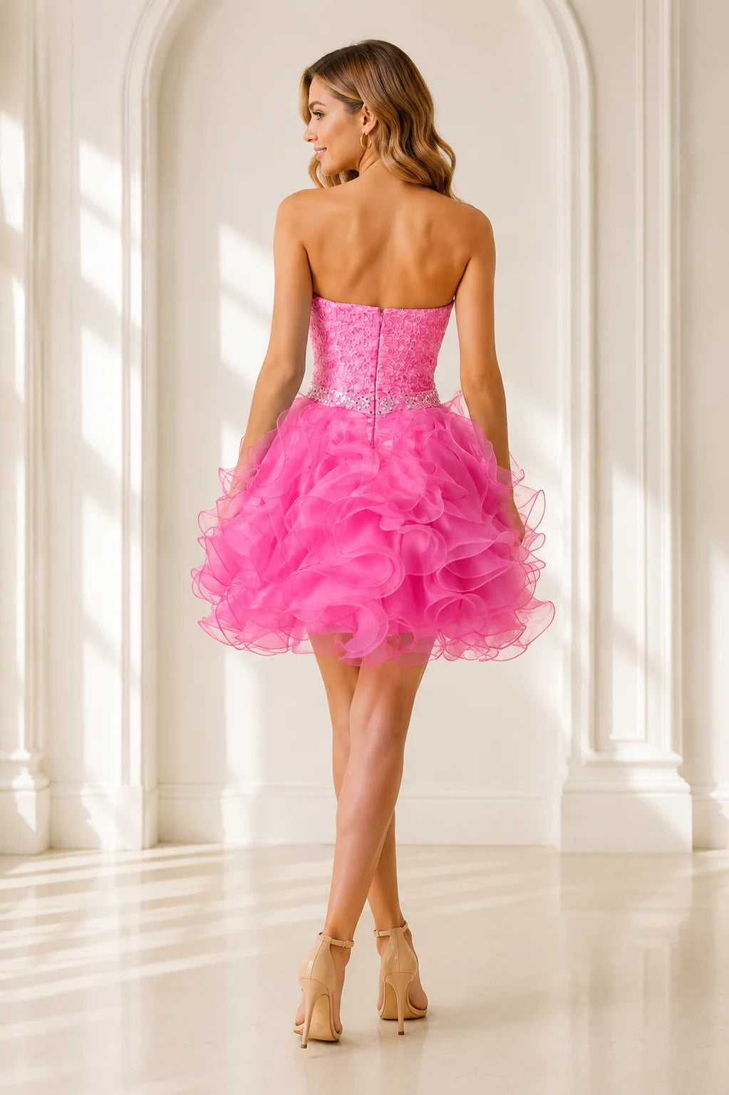 Pink short party Dress with lace bodice and layered ruffle skirt back view