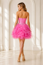 Pink short party Dress with lace bodice and layered ruffle skirt back view