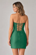 Dark green mini homecoming dress with adjustable lace-up corset back by Graceprom
