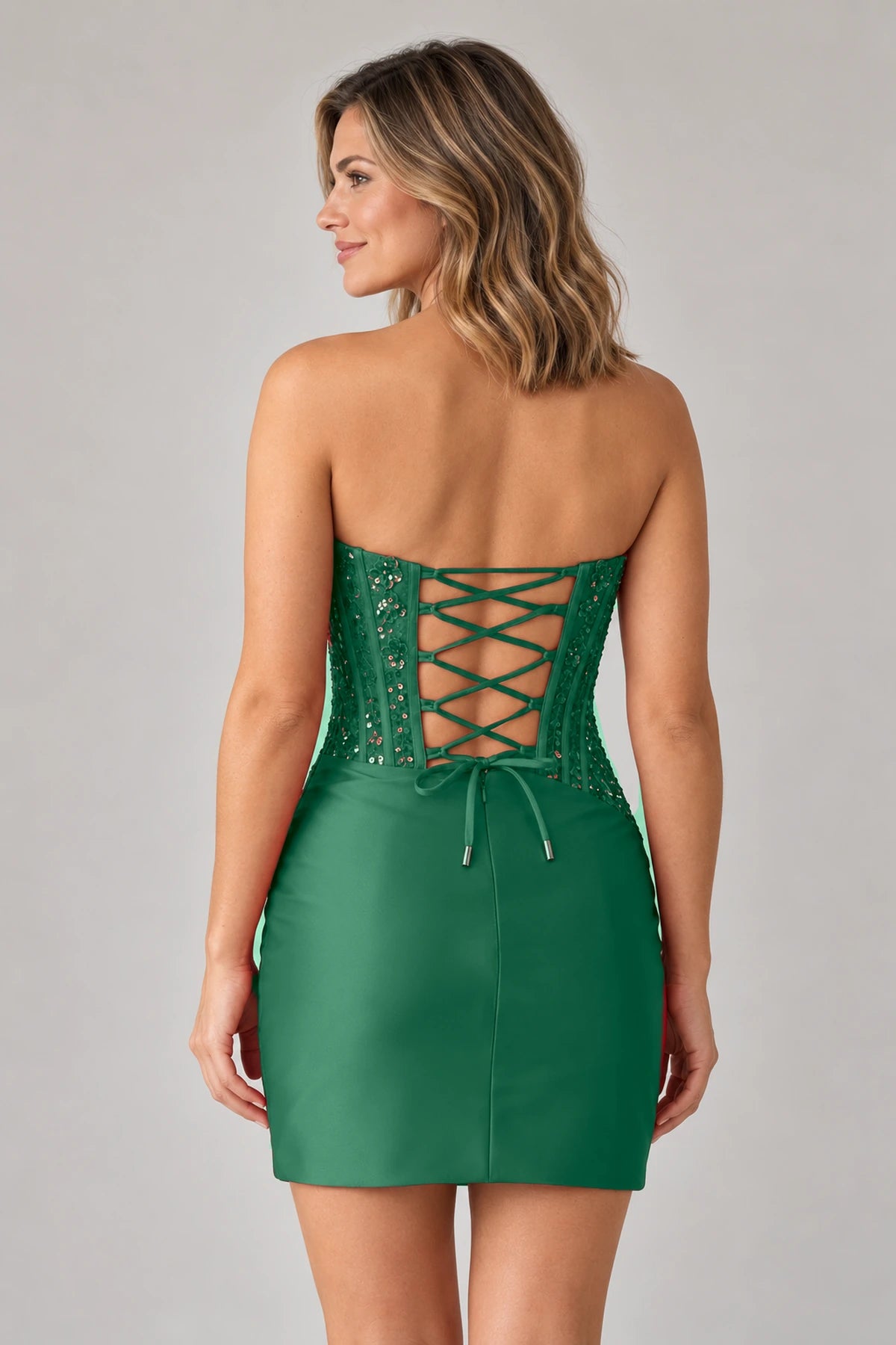 Dark green mini homecoming dress with adjustable lace-up corset back by Graceprom