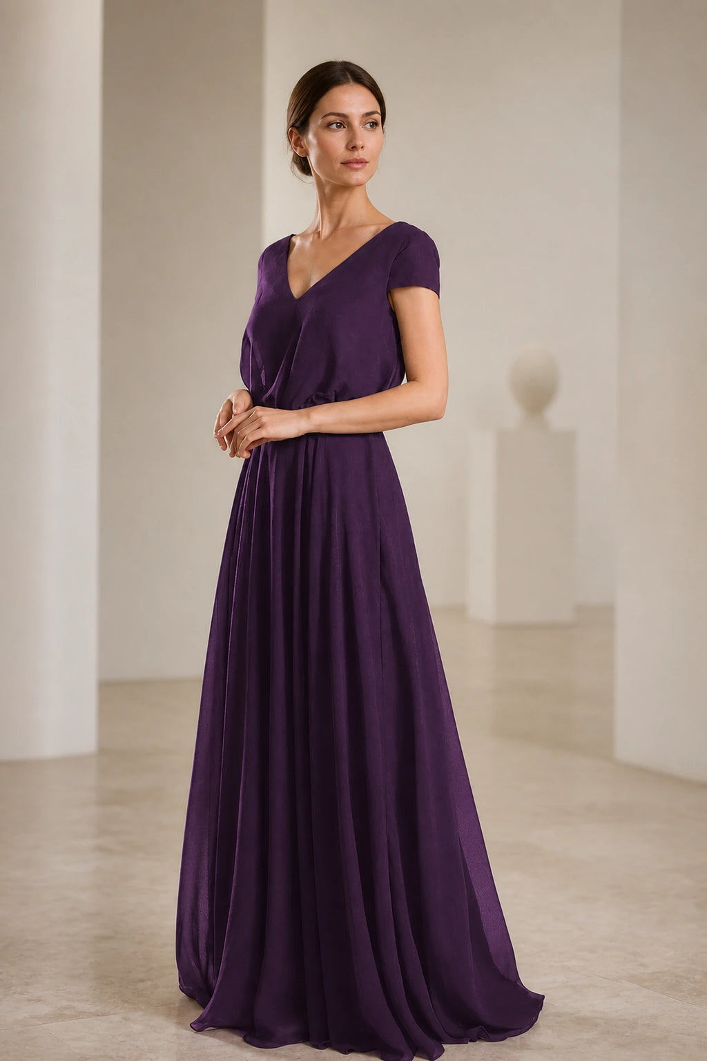 Elegant A-Line V-Neck Short-Sleeve Scoop-Back Long Bridesmaid Dress