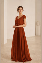 Elegant A-Line V-Neck Short-Sleeve Scoop-Back Long Bridesmaid Dress