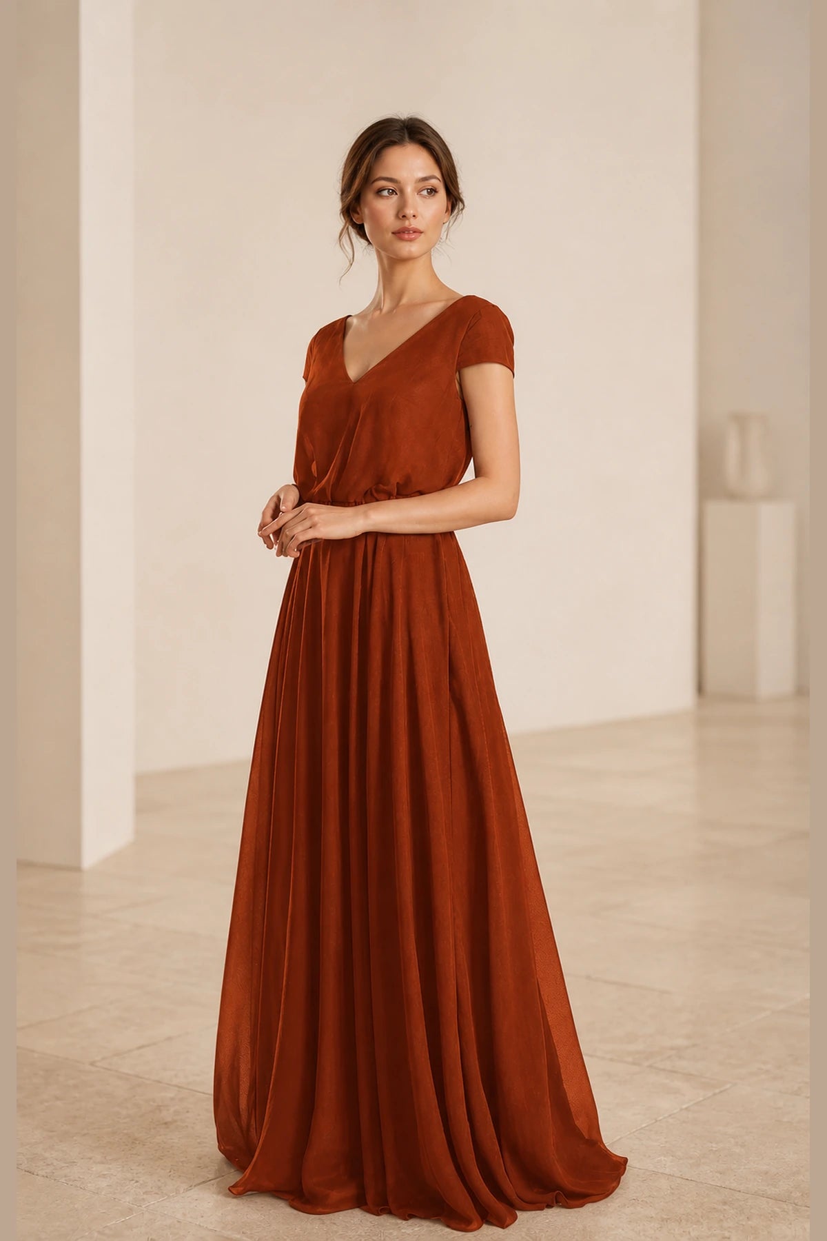 Elegant A-Line V-Neck Short-Sleeve Scoop-Back Long Bridesmaid Dress