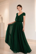 Dark green A-line V-neck short sleeve long bridesmaid dress with defined waist and scoop back, front and back view by Vedress