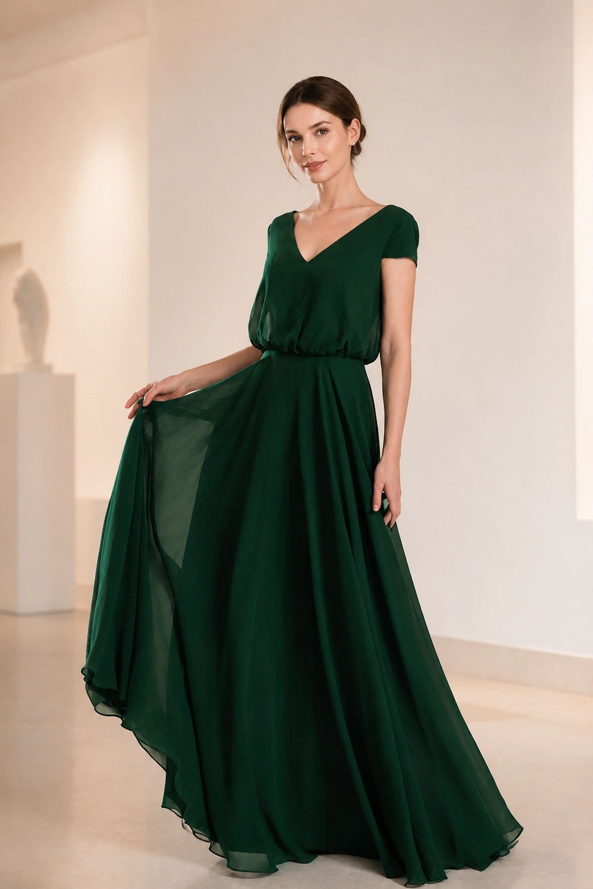 Dark green A-line V-neck short sleeve long bridesmaid dress with defined waist and scoop back, front and back view by Vedress