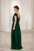 Dark green A-line V-neck short sleeve long bridesmaid dress with defined waist and scoop back, front and back view by Vedress