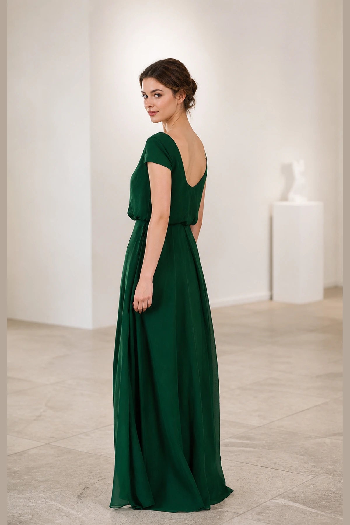 Dark green A-line V-neck short sleeve long bridesmaid dress with defined waist and scoop back, front and back view by Vedress