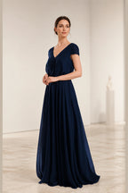Elegant A-Line V-Neck Short-Sleeve Scoop-Back Long Bridesmaid Dress