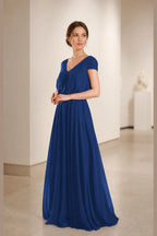 Elegant A-Line V-Neck Short-Sleeve Scoop-Back Long Bridesmaid Dress