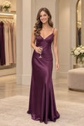 Deep purple satin prom dress with V neck lace bodice, spaghetti straps and floor length A line skirt
