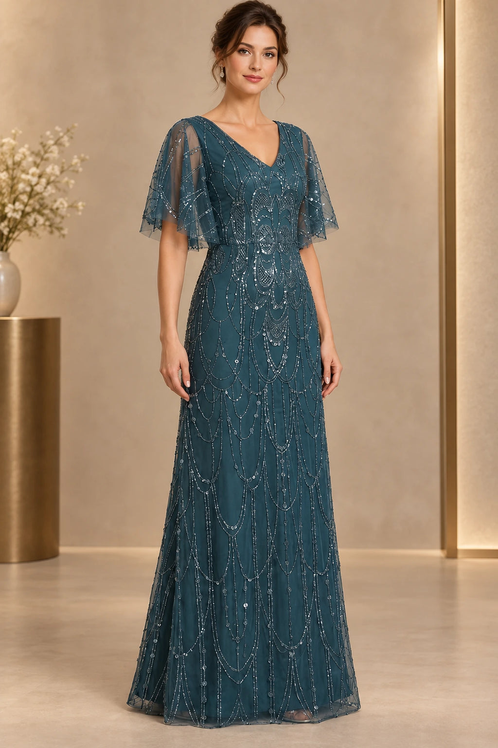 Deep teal mother of the bride dress with V neckline flutter sleeves and all over beaded detailing