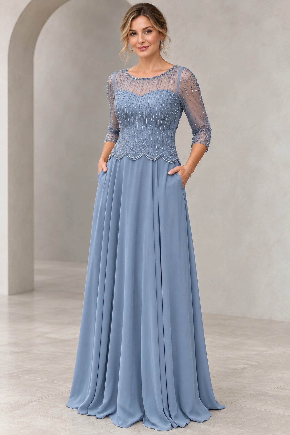 Dusty blue A-line Mother of the Bride Dress with illusion scoop neckline, half sleeves, beaded bodice and floor-length skirt