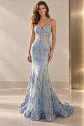 Dusty blue beaded mermaid prom dress with V neck thin straps and floral details