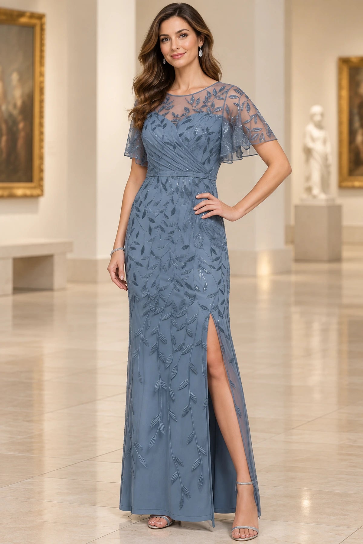 Dusty blue mother of the bride dress with illusion neckline flutter sleeves leaf embroidery and front slit