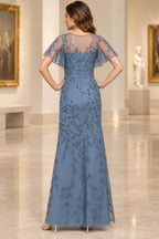 Dusty blue mother of the bride dress with embroidered illusion back flutter sleeves and long skirt