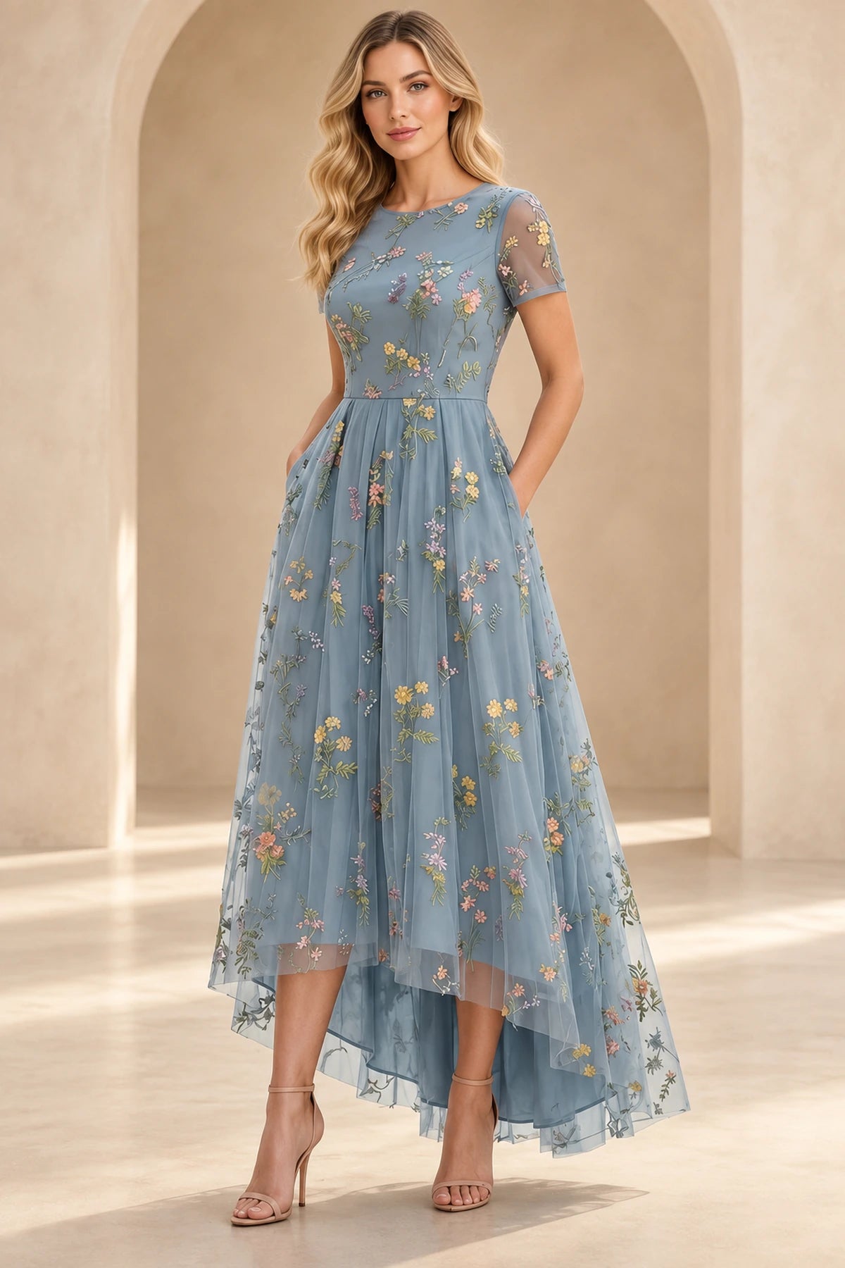 Dusty blue Mother of the Bride Dress with floral embroidery, short sleeves and high-low A-line skirt