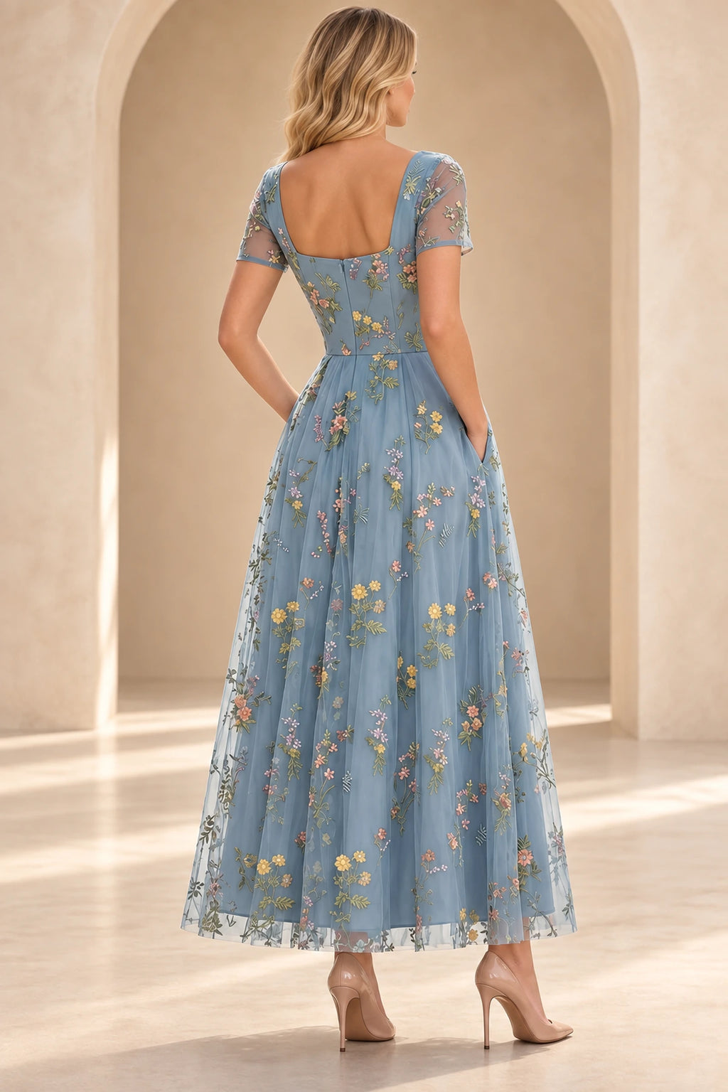 Back view of dusty blue Mother of the Bride Dress with square back, floral embroidery and flowing high-low skirt