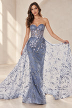 Dusty blue floral mermaid prom dress with sweetheart corset bodice and sheer overskirt