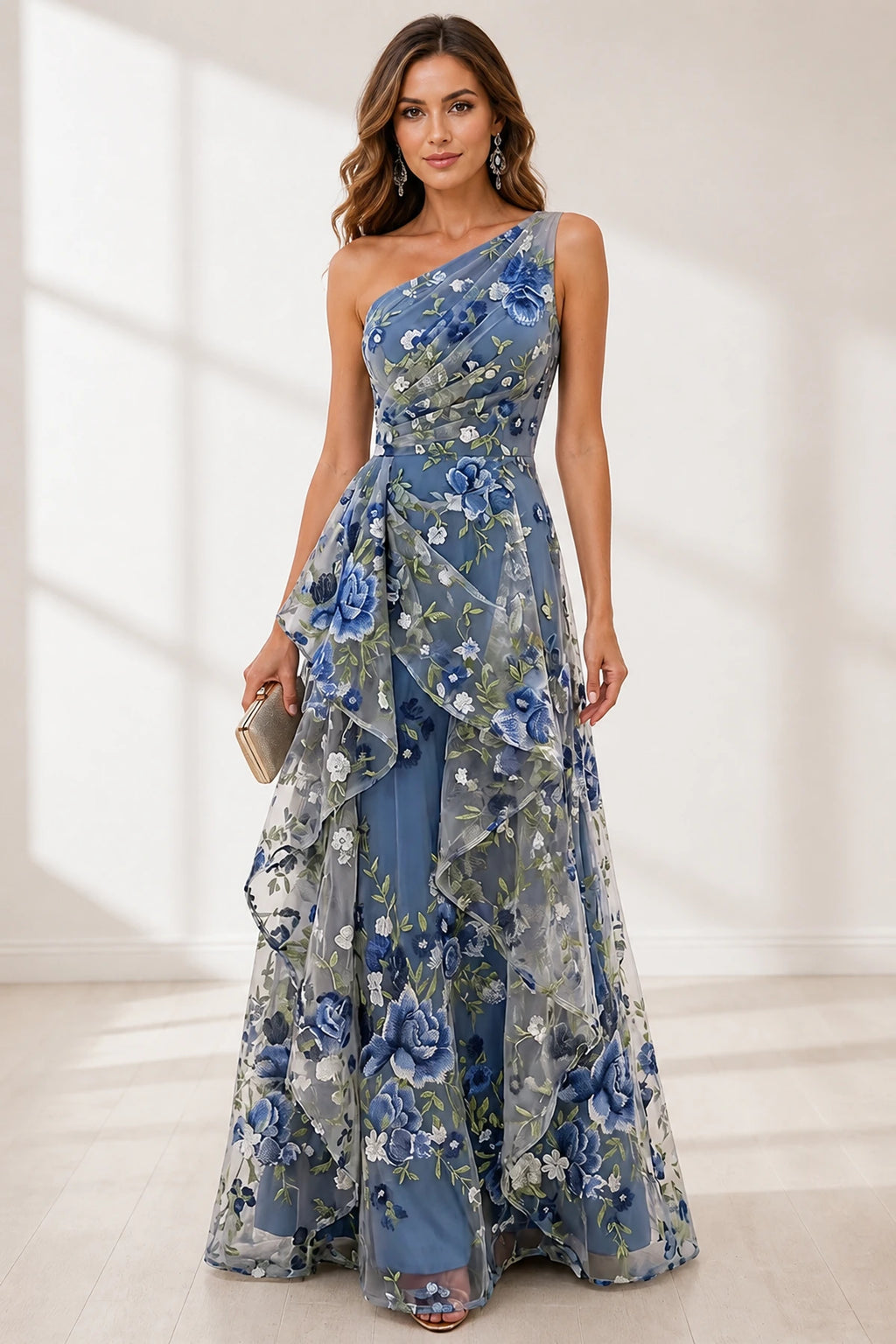 Dusty blue floral embroidered one shoulder A-line wedding guest dress front view