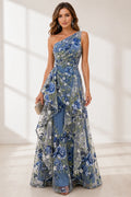 Dusty blue floral embroidered one shoulder A-line wedding guest dress front view