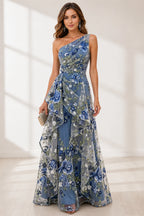 Dusty blue floral embroidered one shoulder A-line wedding guest dress front view