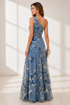 Dusty blue floral embroidered one shoulder floor length wedding guest dress back view