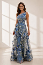 Romantic A-Line One-Shoulder Sleeveless Open-Back Floor-Length Wedding Guest Dress