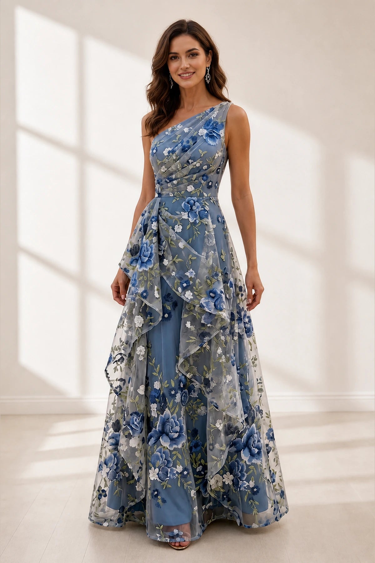 Romantic A-Line One-Shoulder Sleeveless Open-Back Floor-Length Wedding Guest Dress