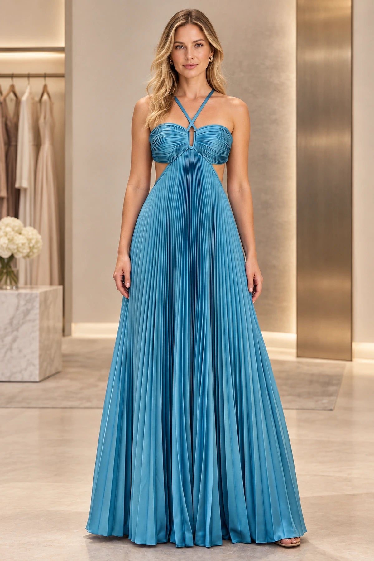 Dusty blue A-line prom dress featuring a crossed halter neckline, ruched bandeau bodice, side cutouts, and flowing floor-length pleated skirt by Graceprom.