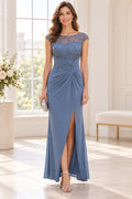 Dusty blue Mother of the Bride Dress with illusion neckline, embroidered bodice, cap sleeves, ruched waist and front slit