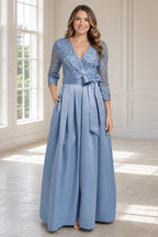Dusty blue A-line V-neck three-quarter lace sleeve long Mother of the Bride dress with bow waist and closed back, front and back view by Vedress