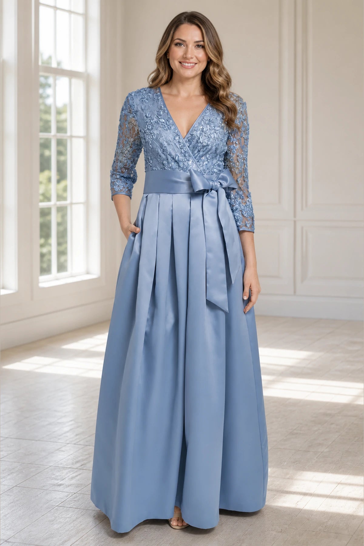 Dusty blue A-line V-neck three-quarter lace sleeve long Mother of the Bride dress with bow waist and closed back, front and back view by Vedress