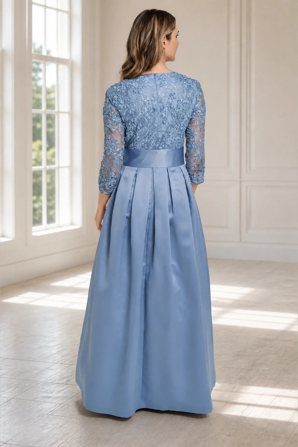 Dusty blue A-line V-neck three-quarter lace sleeve long Mother of the Bride dress with bow waist and closed back, front and back view by Vedress