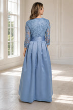 Dusty blue A-line V-neck three-quarter lace sleeve long Mother of the Bride dress with bow waist and closed back, front and back view by Vedress
