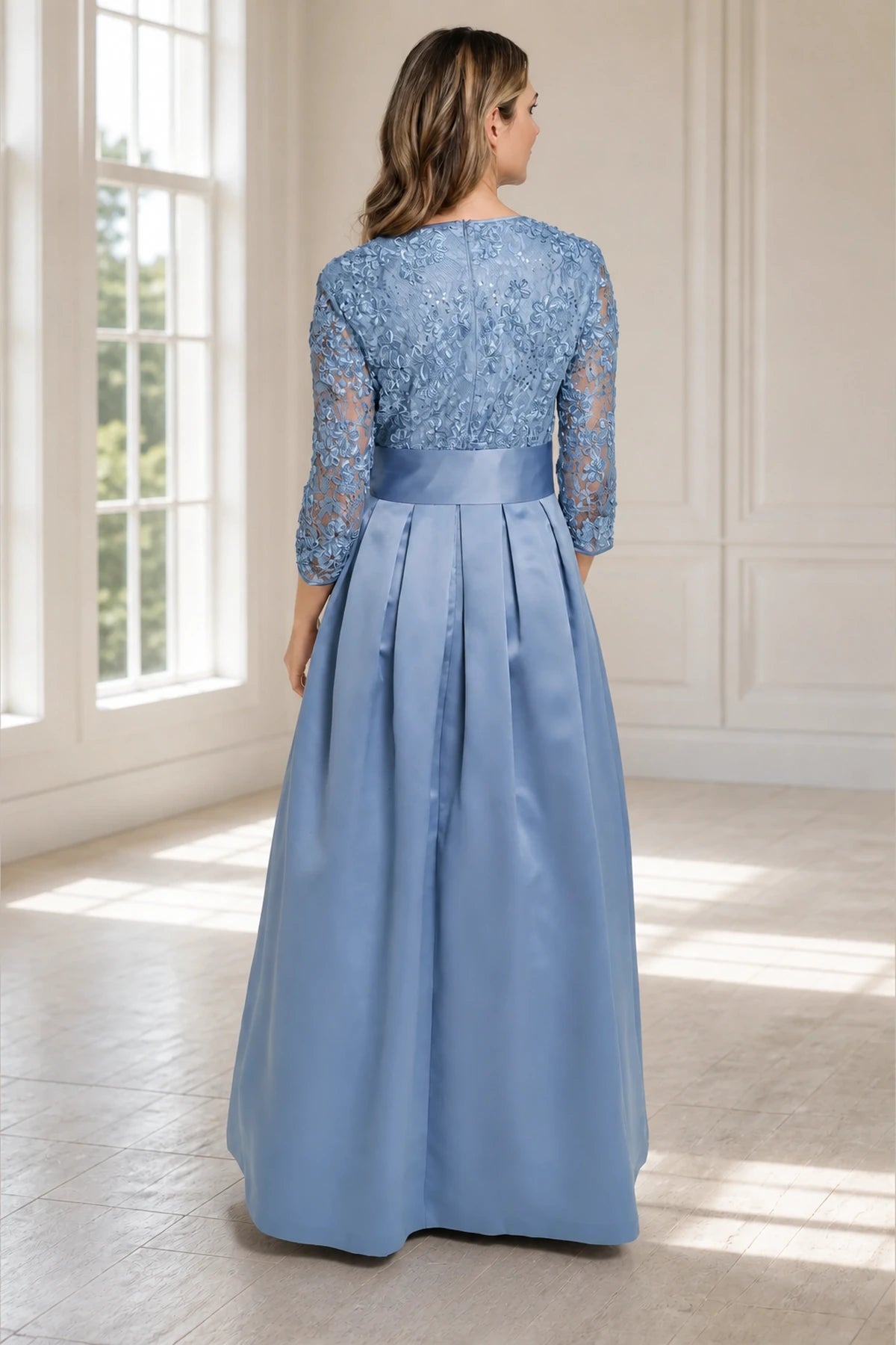Dusty blue A-line V-neck three-quarter lace sleeve long Mother of the Bride dress with bow waist and closed back, front and back view by Vedress