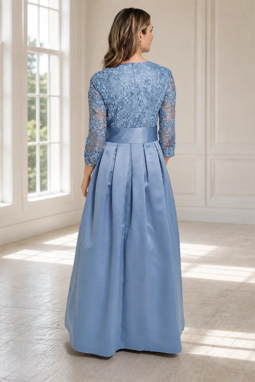 Dusty blue A-line V-neck three-quarter lace sleeve long Mother of the Bride dress with bow waist and closed back, front and back view by  Graceprom