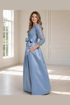 Elegant A-Line V-Neck Three-Quarter Sleeve Closed-Back Long Mother of the Bride Dress