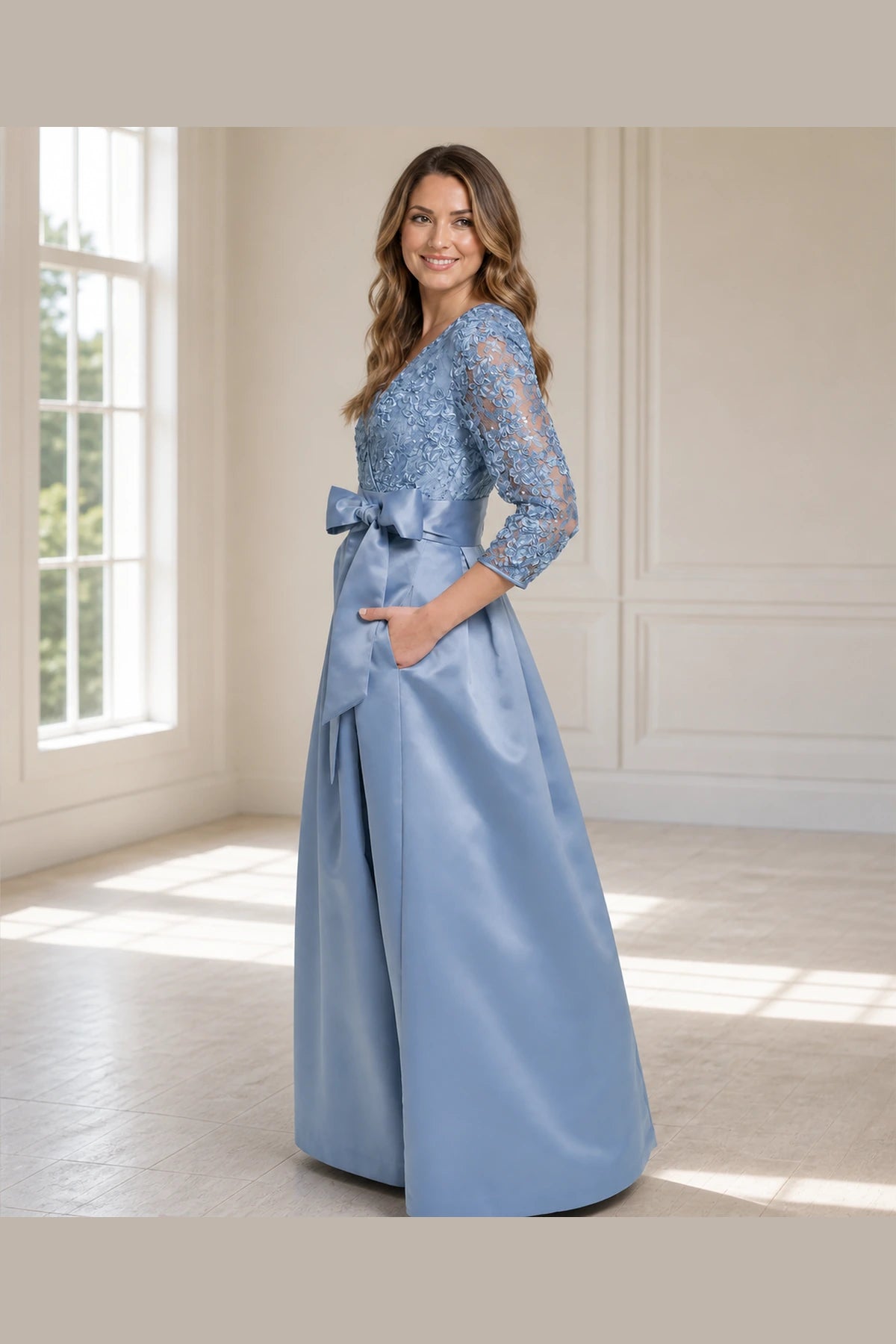 Elegant A-Line V-Neck Three-Quarter Sleeve Closed-Back Long Mother of the Bride Dress