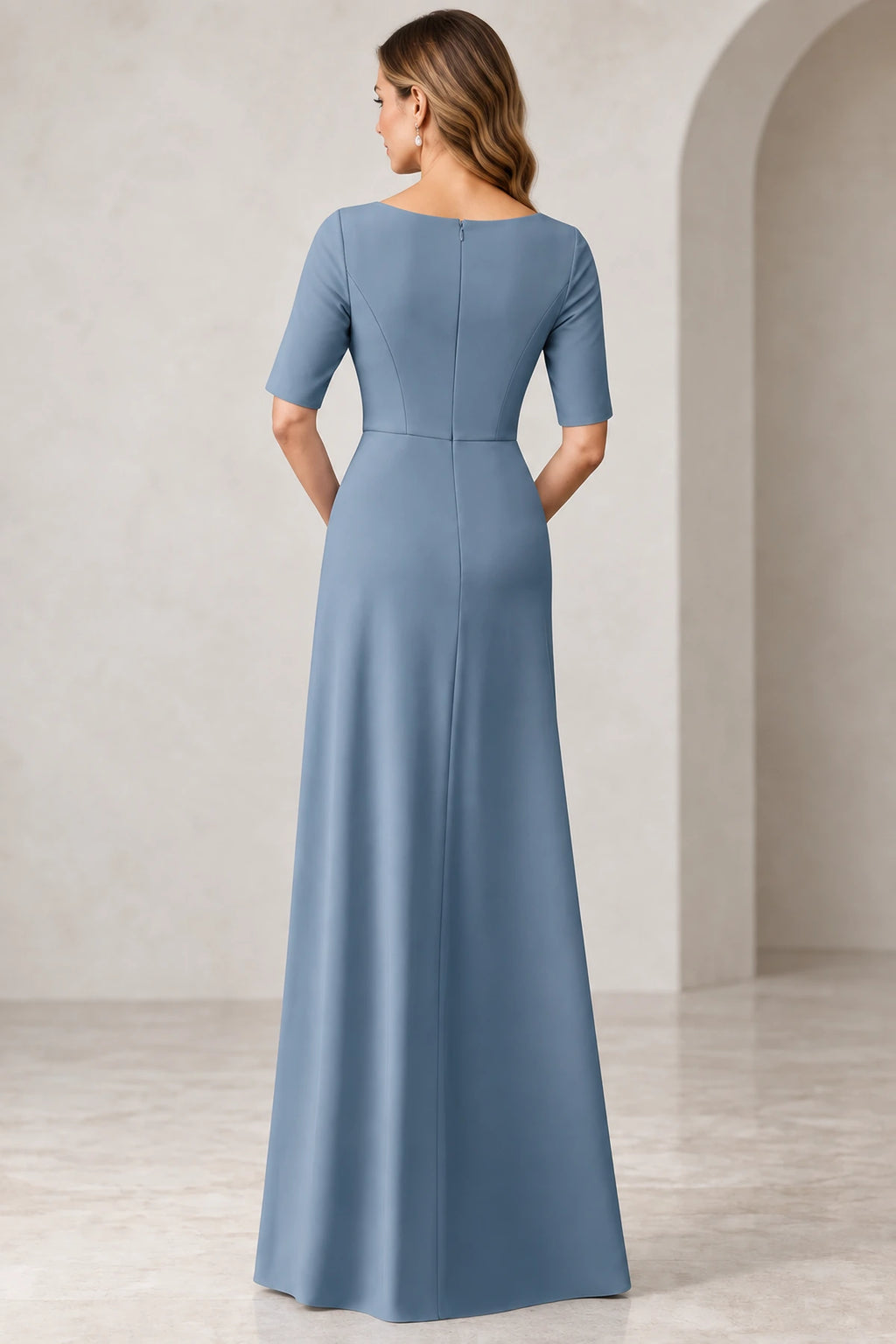 Back view of dusty blue Mother of the Bride Dress with closed neckline, center zipper and floor-length A-line skirt