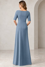 Back view of dusty blue Mother of the Bride Dress with closed neckline, center zipper and floor-length A-line skirt