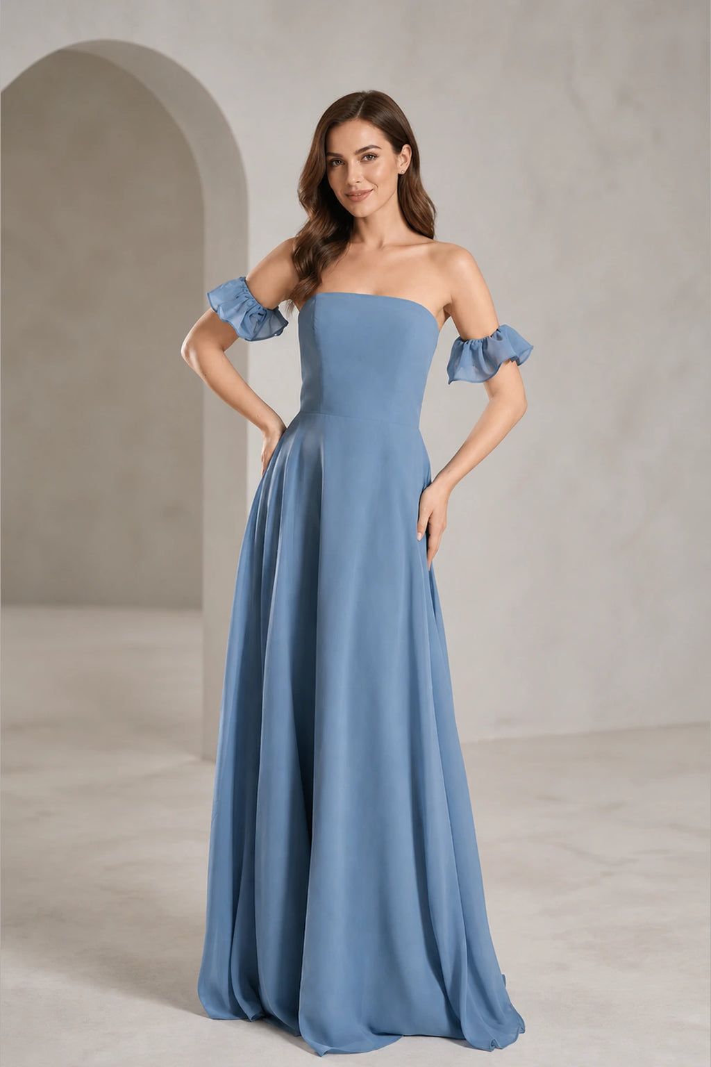 Dusty blue prom dress with straight neckline, off-shoulder ruffle sleeves, A-line floor-length skirt and zip back, front and back view