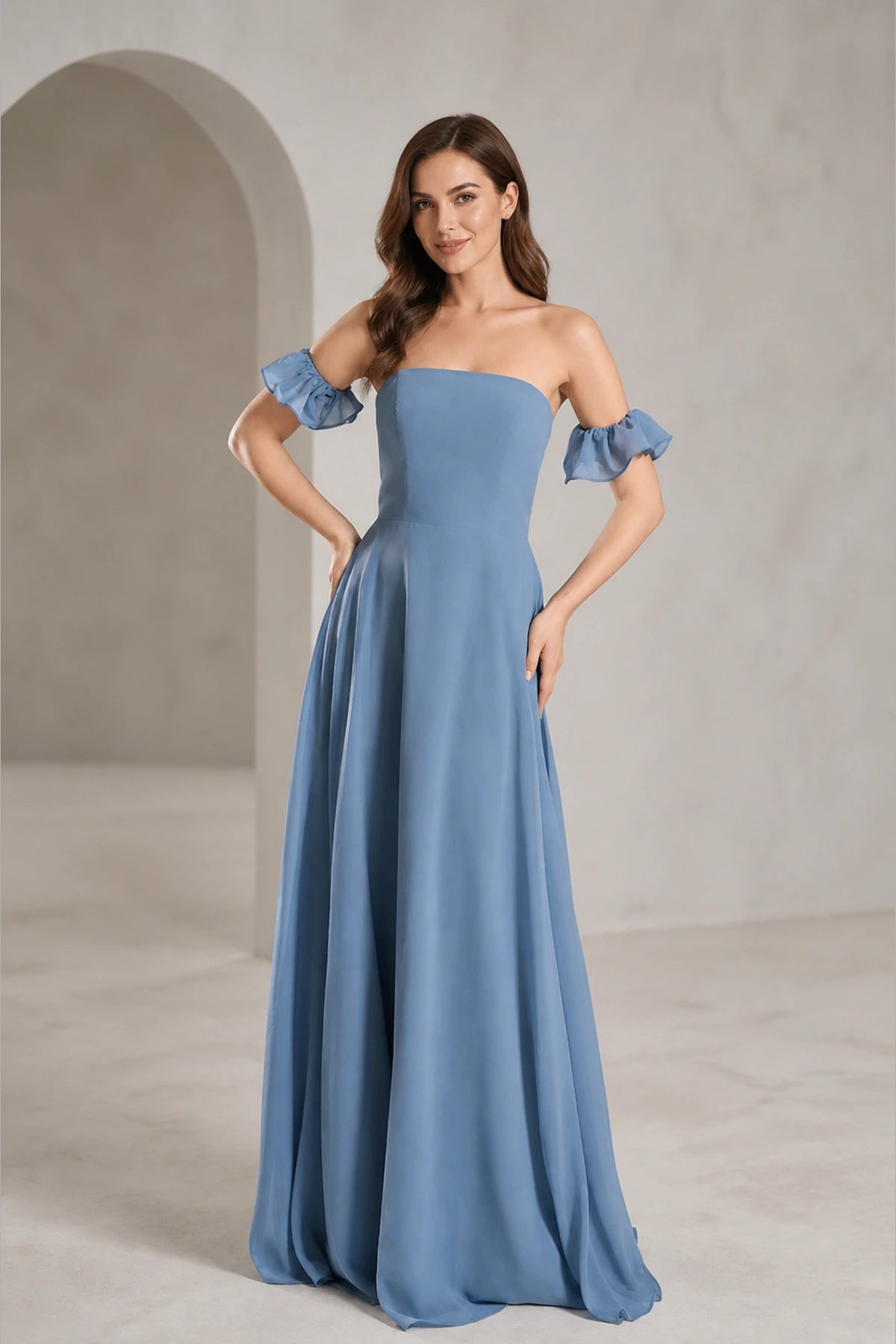 Dusty blue prom dress with straight neckline, off-shoulder ruffle sleeves, A-line floor-length skirt and zip back, front and back view