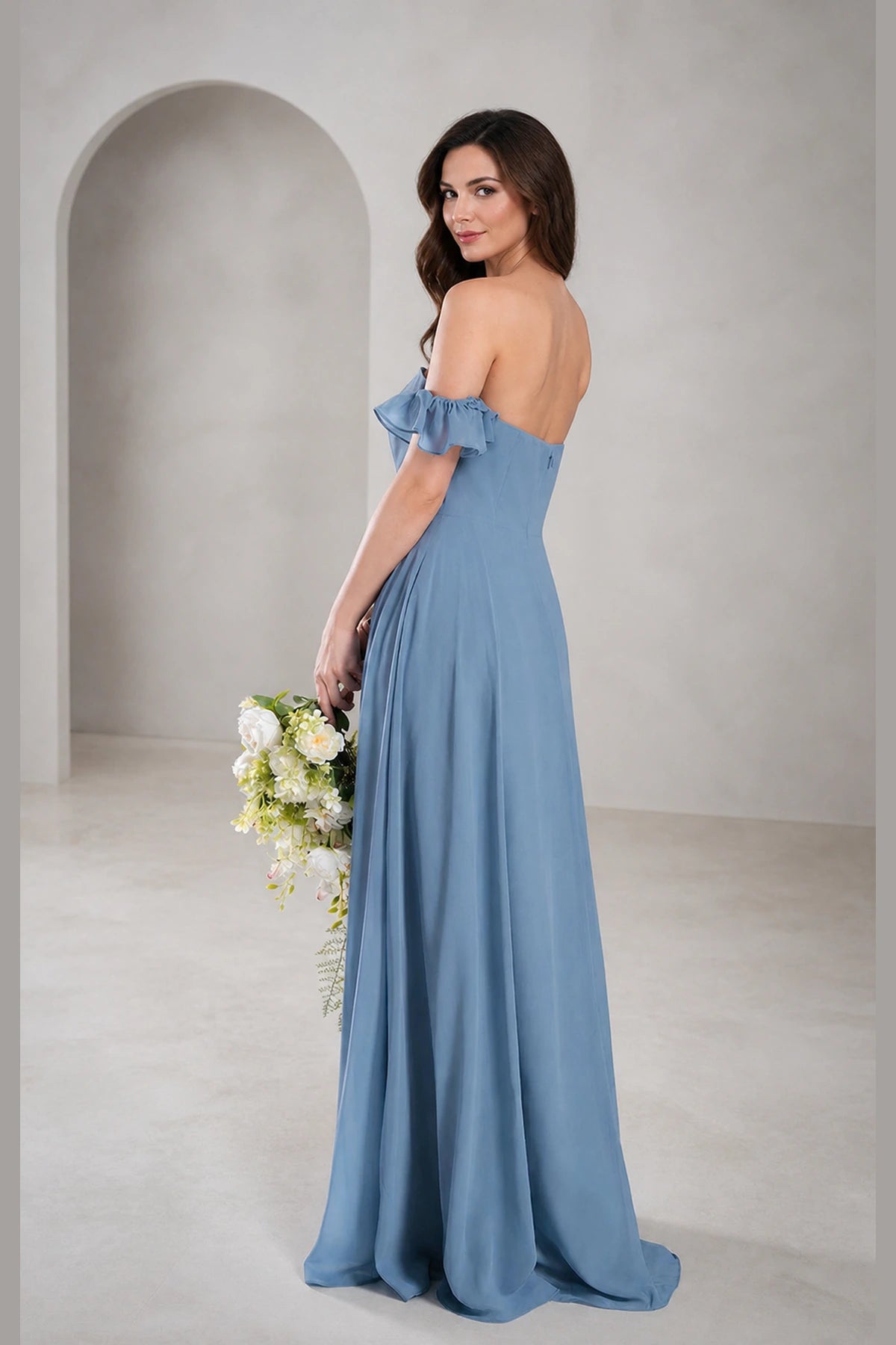 Dusty blue prom dress with straight neckline, off-shoulder ruffle sleeves, A-line floor-length skirt and zip back, front and back view