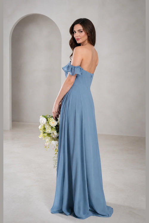 Dusty blue prom dress with straight neckline, off-shoulder ruffle sleeves, A-line floor-length skirt and zip back, front and back view